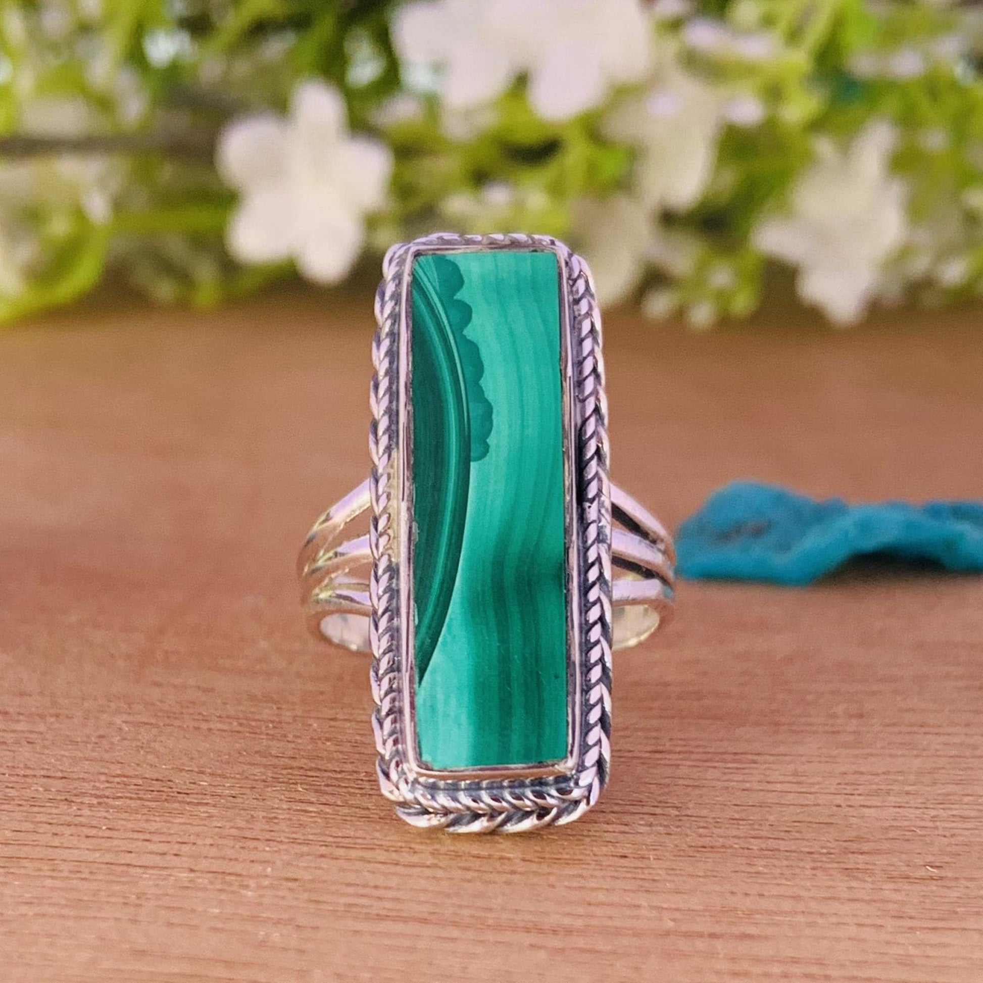Natural Malachite Ring – Triple Split Shank 925 Sterling Silver Boho Ring for Her - BeadsBoatInc