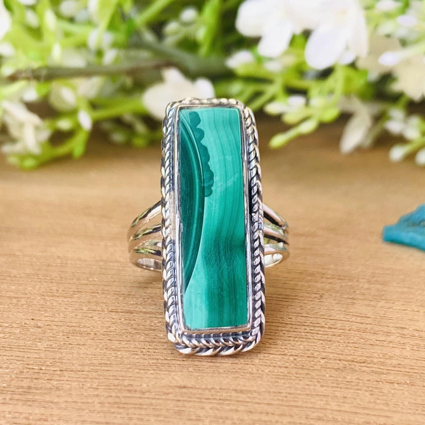 Natural Malachite Ring – Triple Split Shank 925 Sterling Silver Boho Ring for Her - BeadsBoatInc