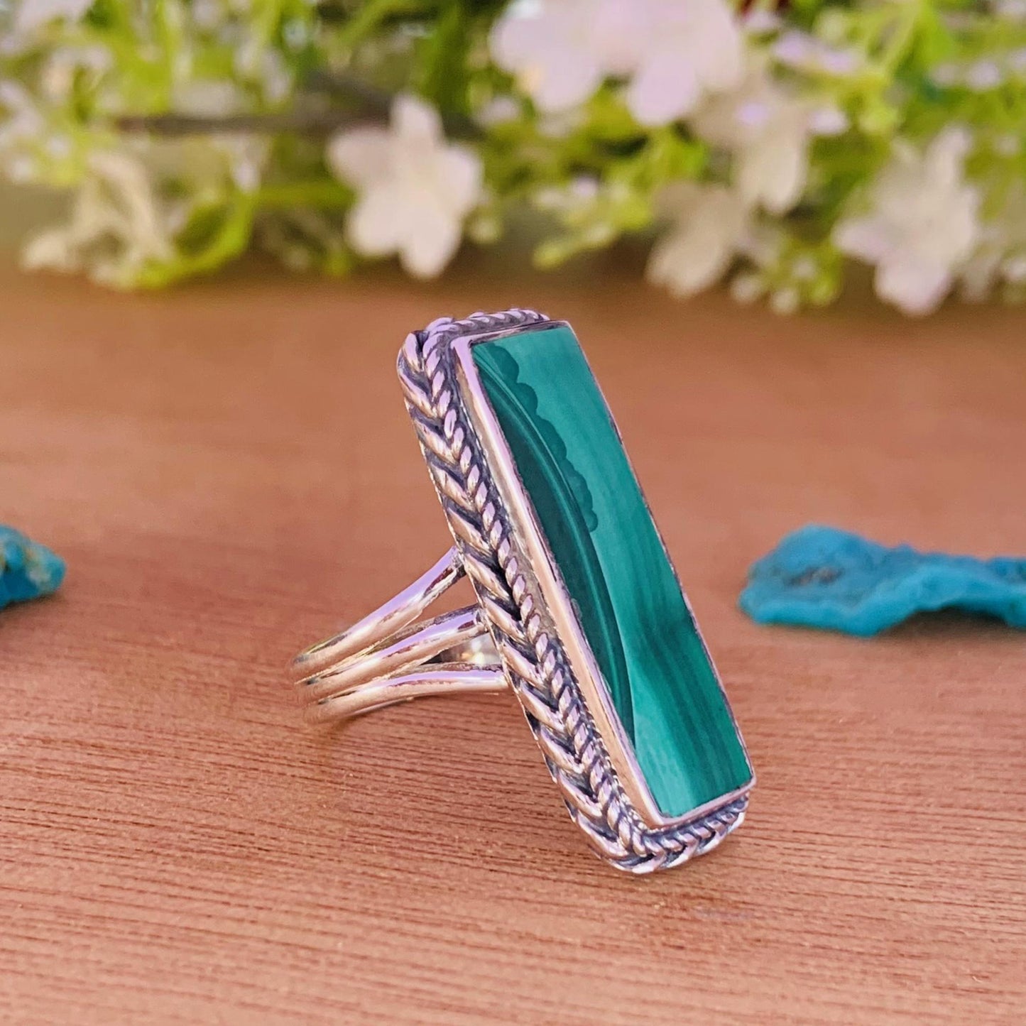 Natural Malachite Ring – Triple Split Shank 925 Sterling Silver Boho Ring for Her - BeadsBoatInc
