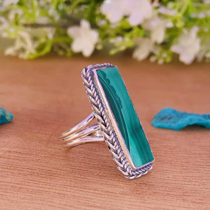 Natural Malachite Ring – Triple Split Shank 925 Sterling Silver Boho Ring for Her - BeadsBoatInc
