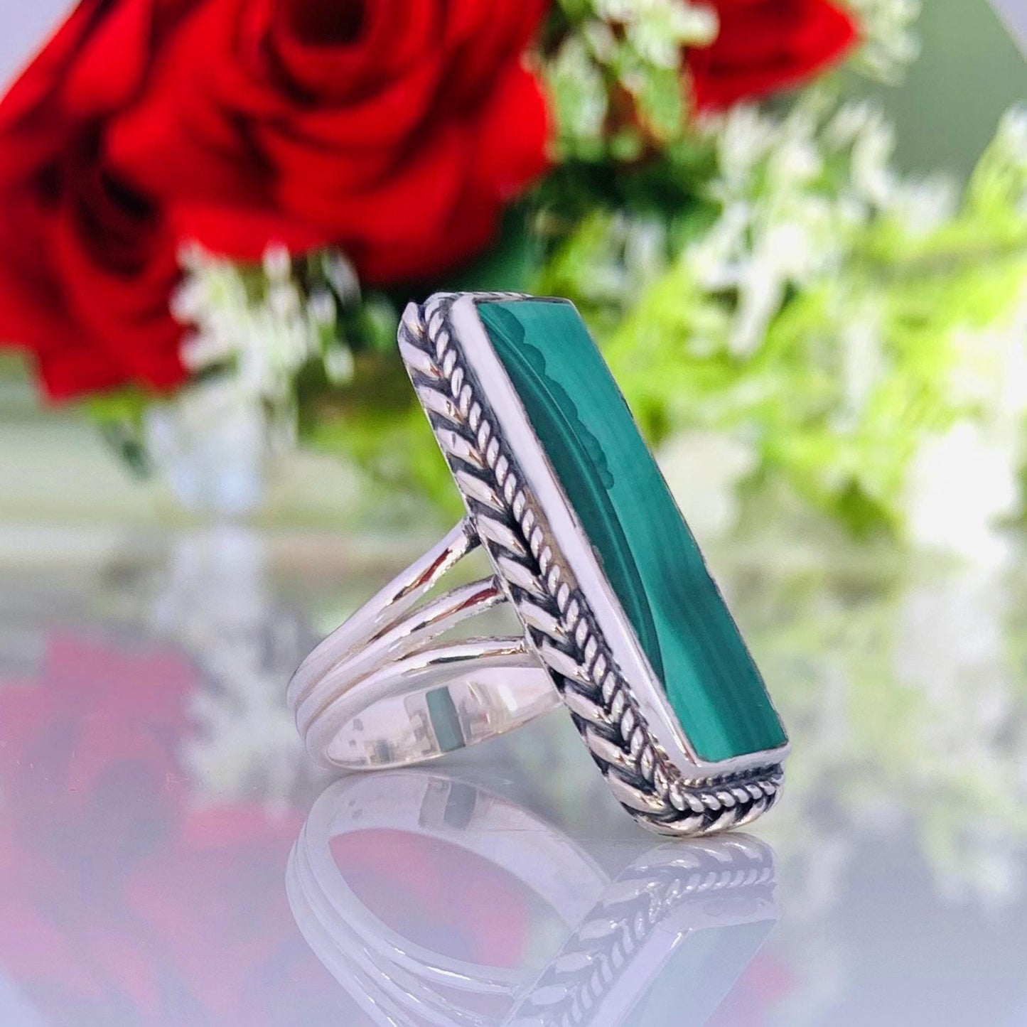 Natural Malachite Ring – Triple Split Shank 925 Sterling Silver Boho Ring for Her - BeadsBoatInc