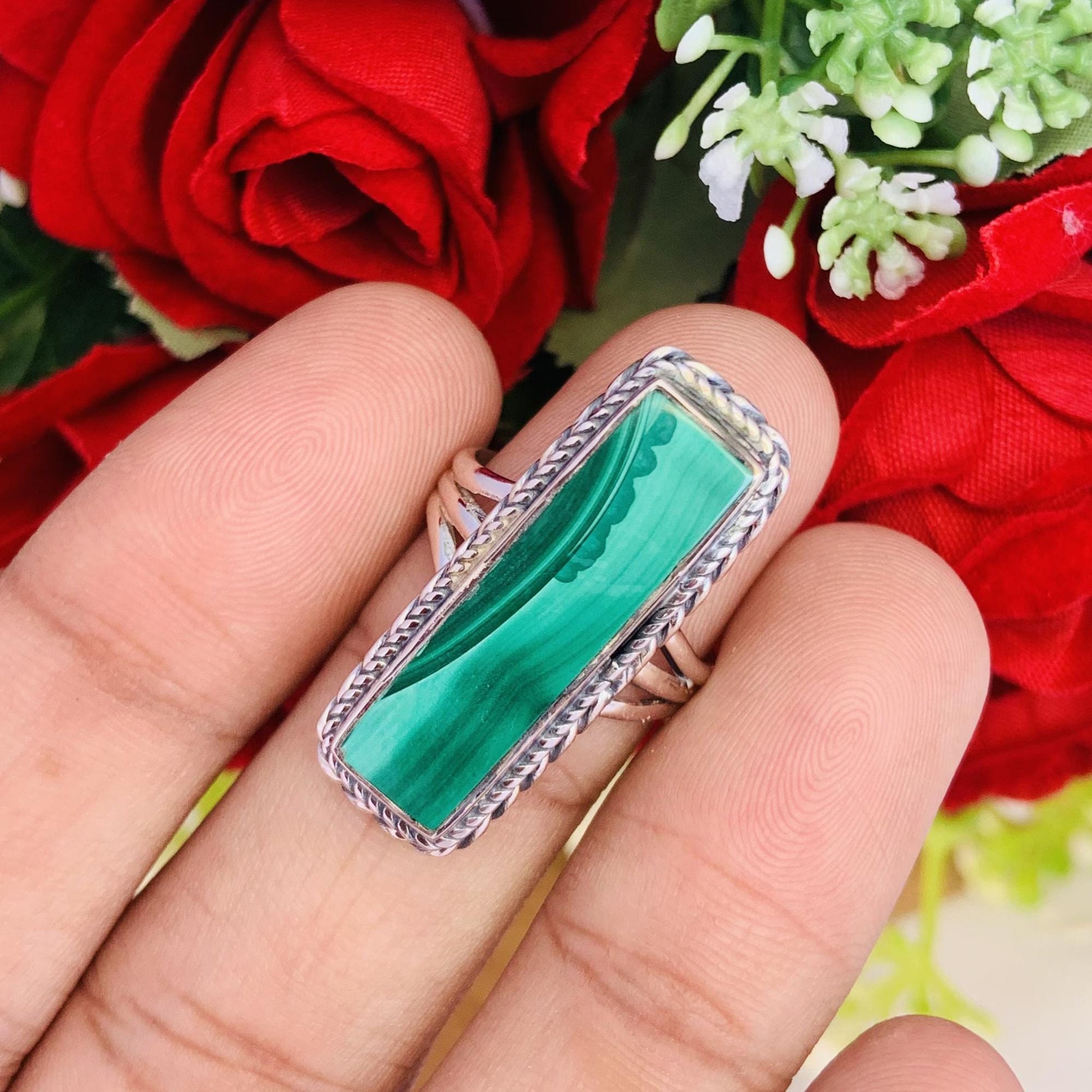 Natural Malachite Ring – Triple Split Shank 925 Sterling Silver Boho Ring for Her - BeadsBoatInc