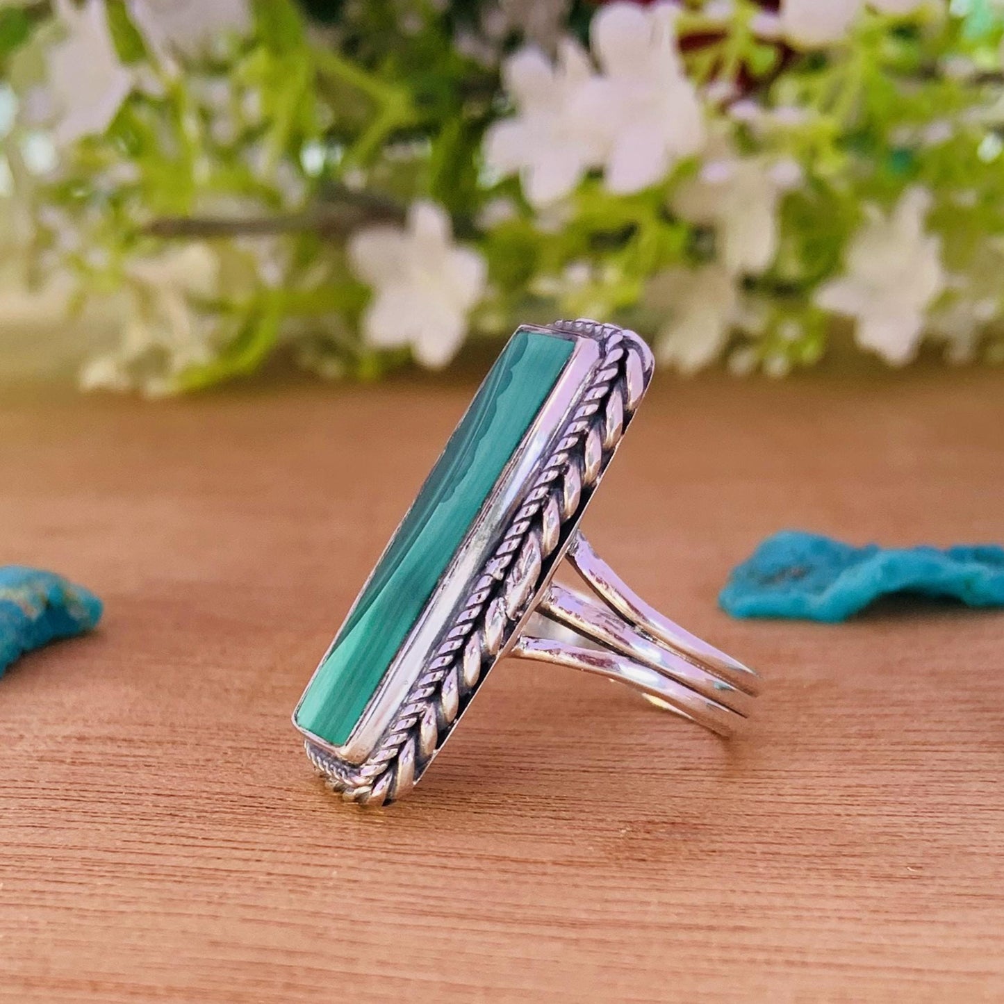 Natural Malachite Ring – Triple Split Shank 925 Sterling Silver Boho Ring for Her - BeadsBoatInc