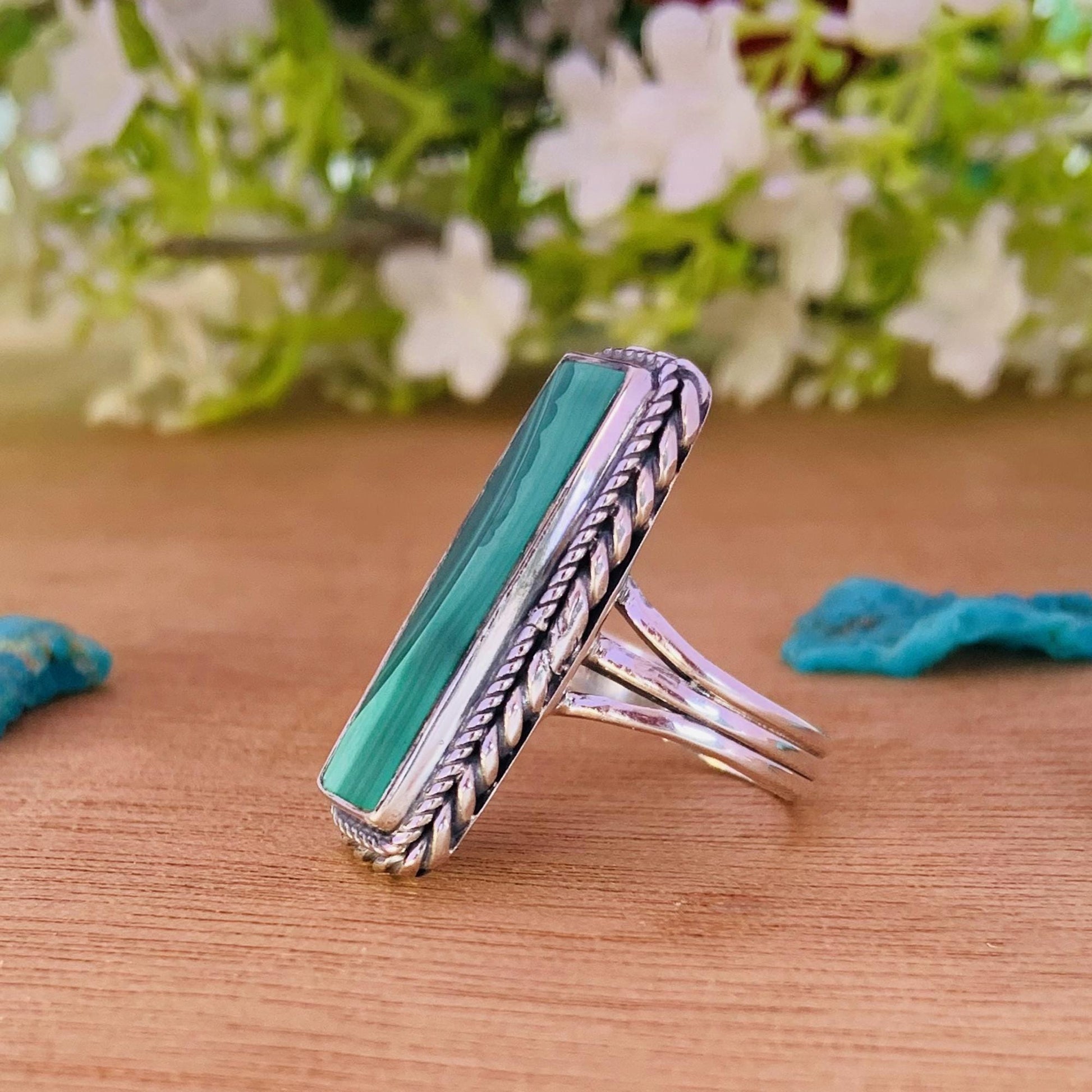 Natural Malachite Ring – Triple Split Shank 925 Sterling Silver Boho Ring for Her - BeadsBoatInc