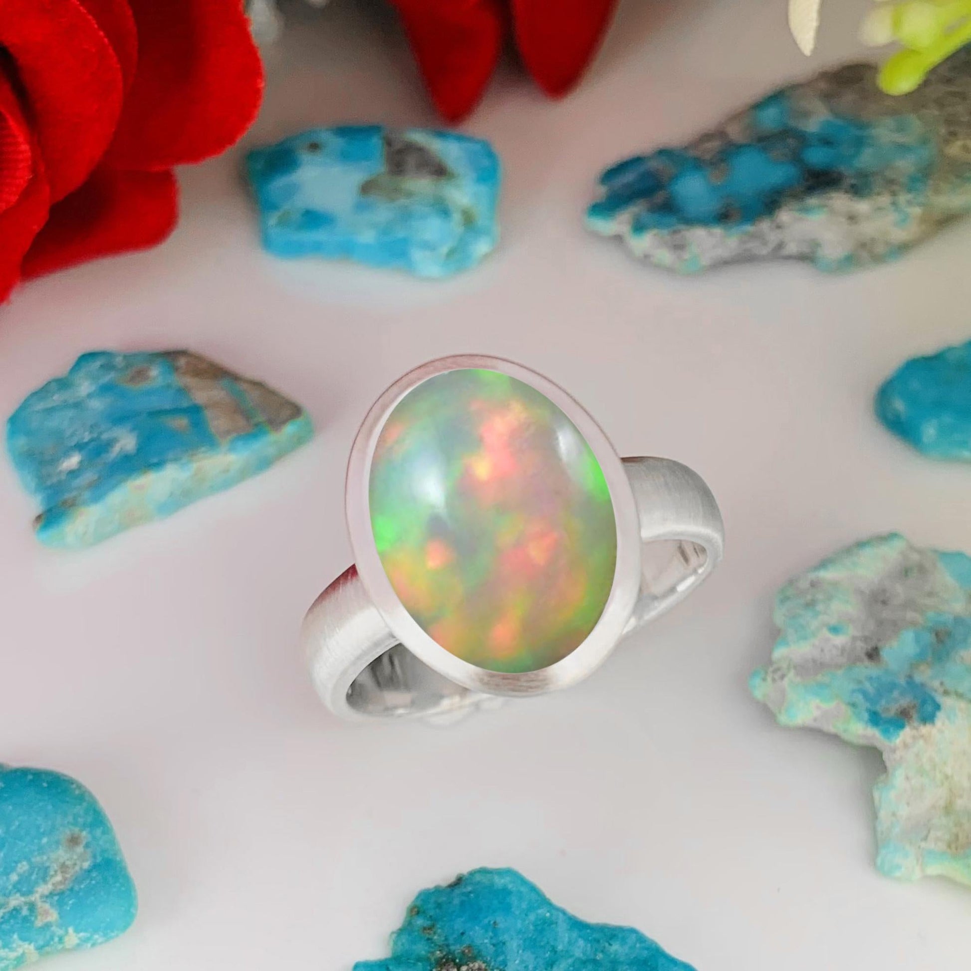 Natural Opal Solitaire Ring | Matte Finish Sterling Silver | October Birthstone - BeadsBoatInc