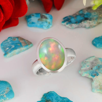 Natural Opal Solitaire Ring | Matte Finish Sterling Silver | October Birthstone - BeadsBoatInc