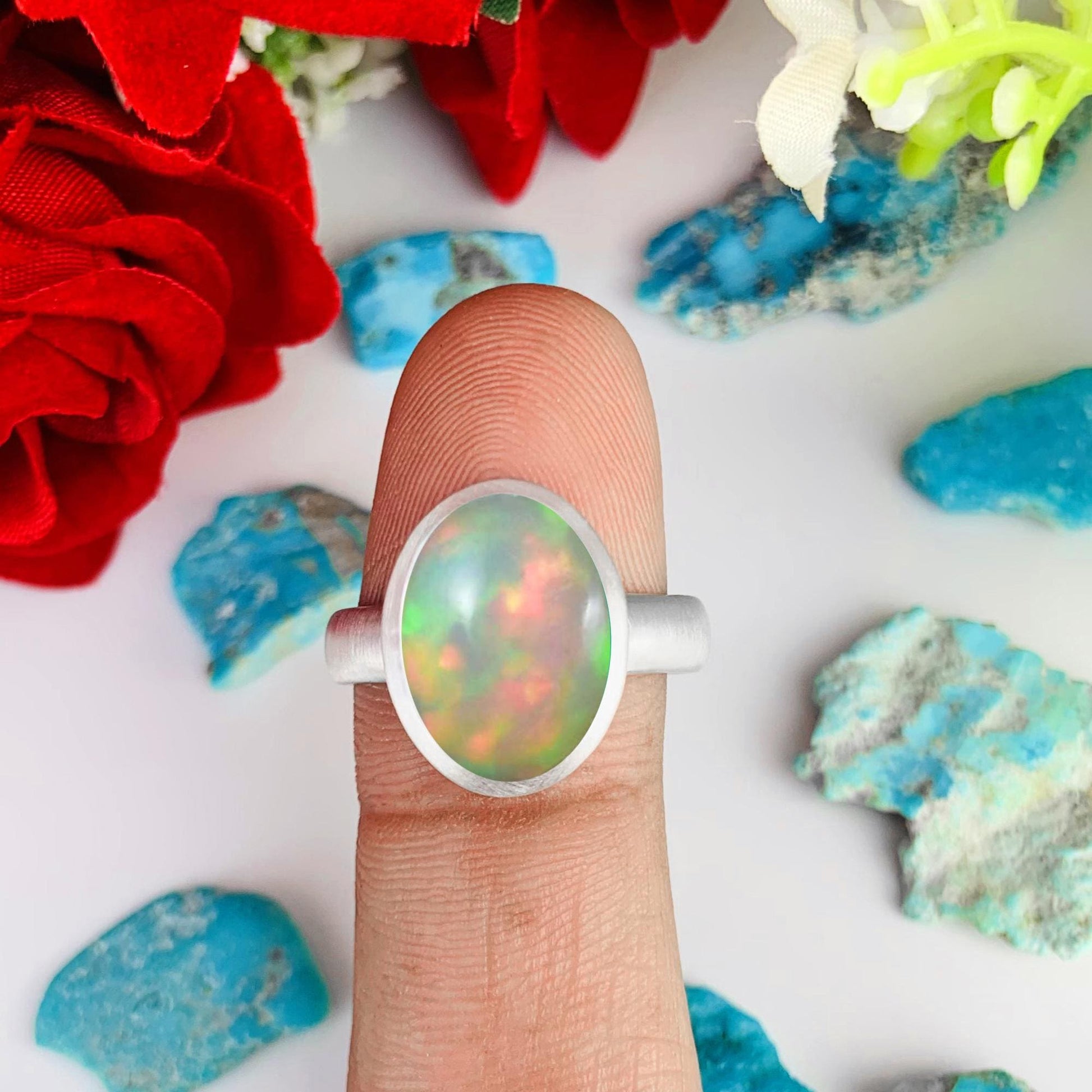 Natural Opal Solitaire Ring | Matte Finish Sterling Silver | October Birthstone - BeadsBoatInc