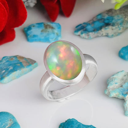 Natural Opal Solitaire Ring | Matte Finish Sterling Silver | October Birthstone - BeadsBoatInc