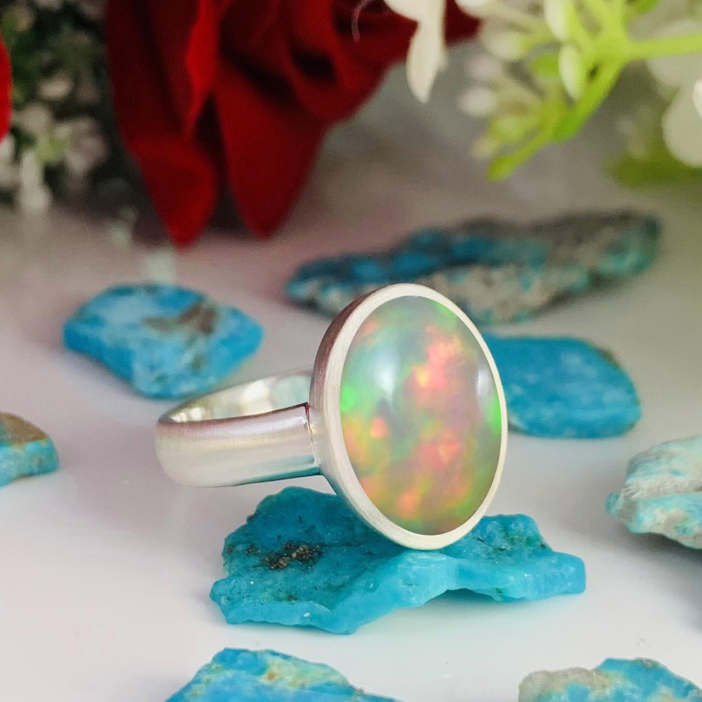 Natural Opal Solitaire Ring | Matte Finish Sterling Silver | October Birthstone - BeadsBoatInc