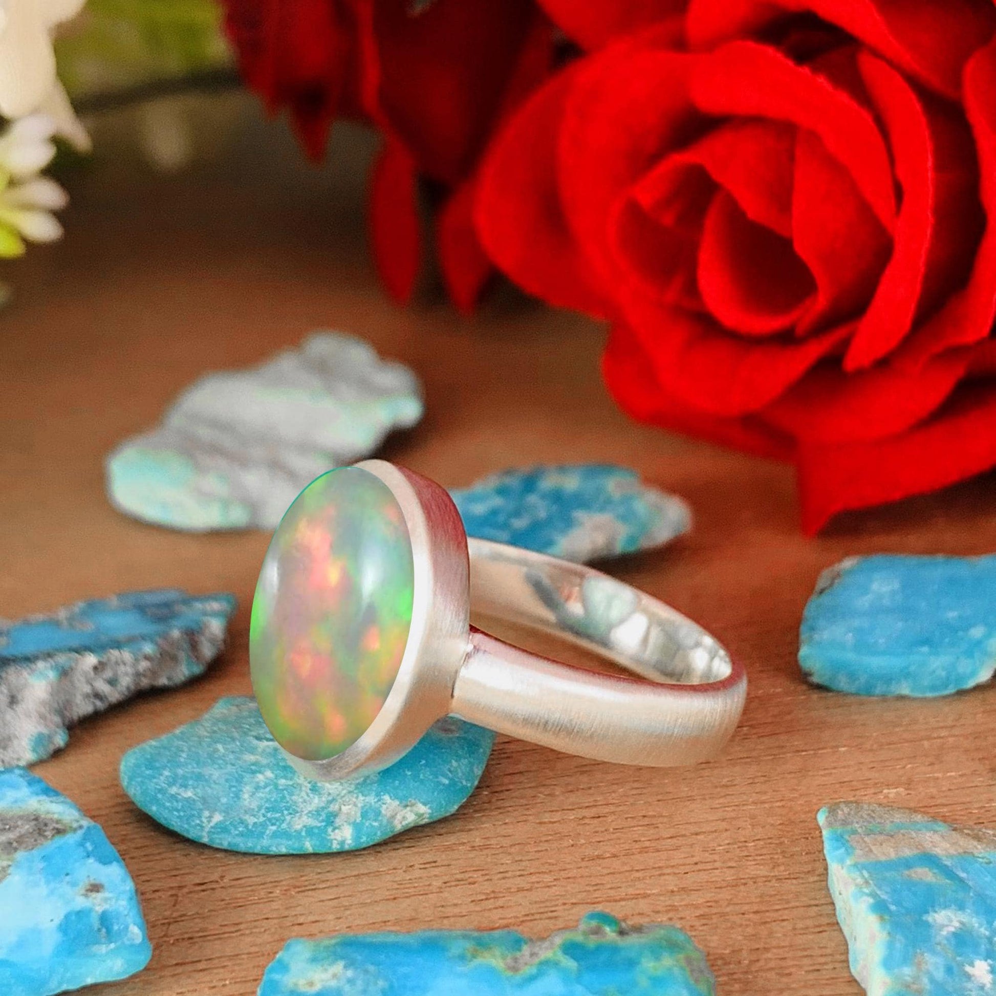 Natural Opal Solitaire Ring | Matte Finish Sterling Silver | October Birthstone - BeadsBoatInc