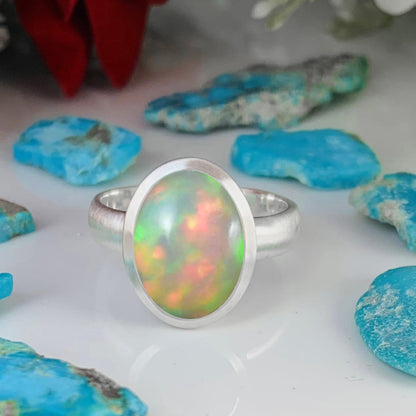 Natural Opal Solitaire Ring | Matte Finish Sterling Silver | October Birthstone - BeadsBoatInc