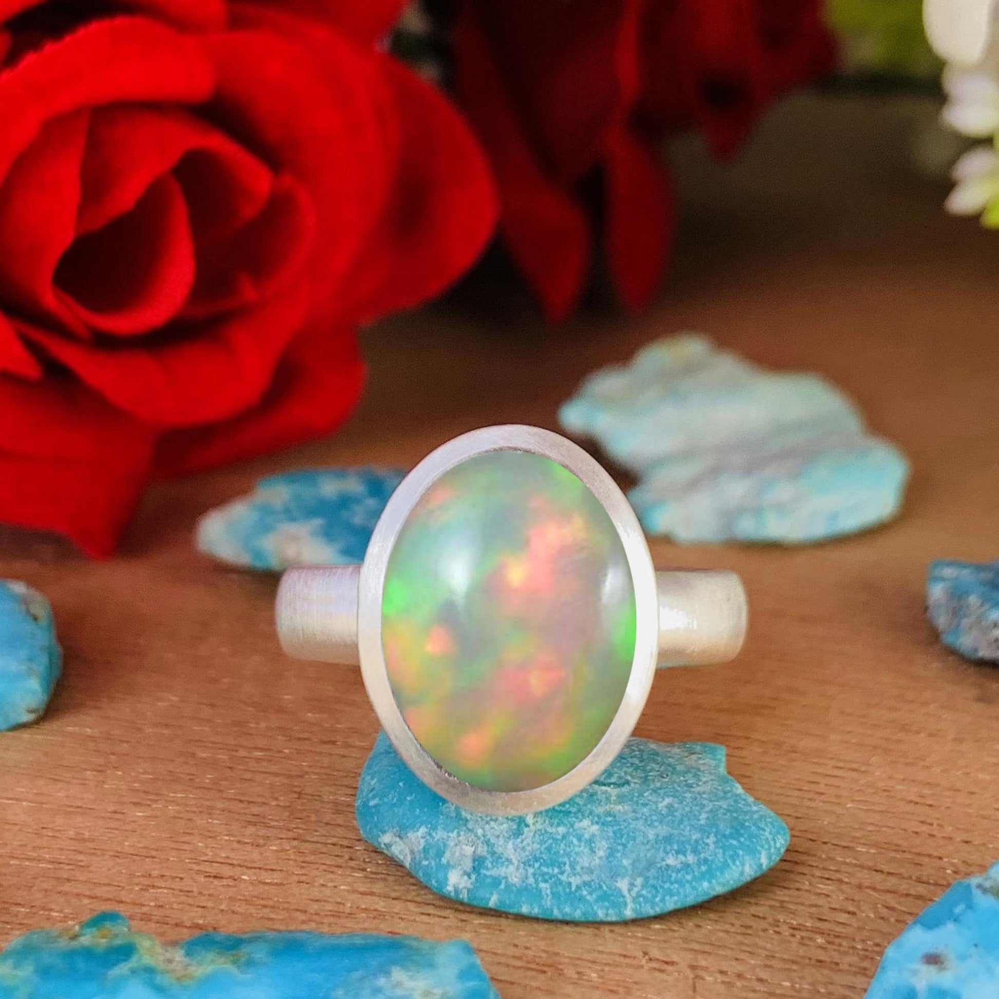 Natural Opal Solitaire Ring | Matte Finish Sterling Silver | October Birthstone - BeadsBoatInc