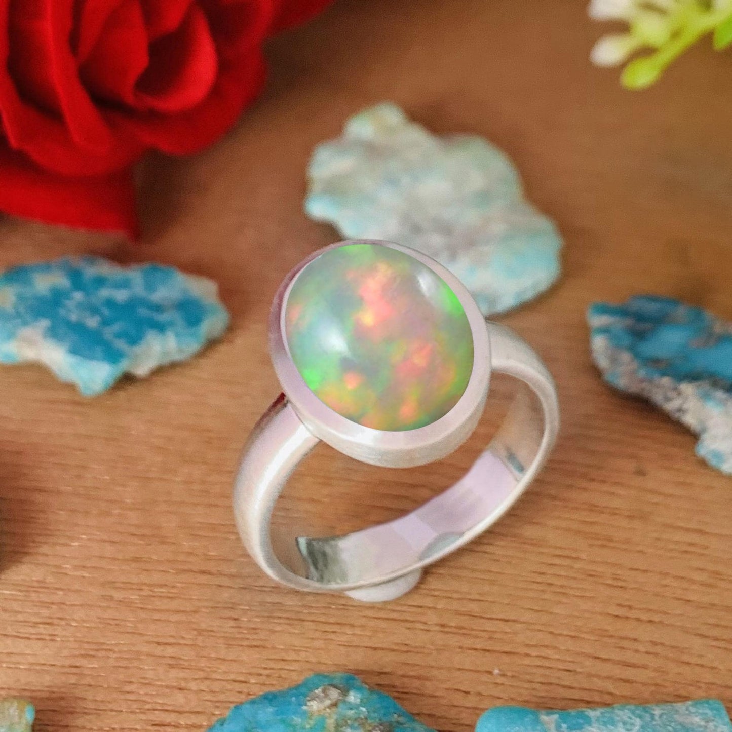 Natural Opal Solitaire Ring | Matte Finish Sterling Silver | October Birthstone - BeadsBoatInc