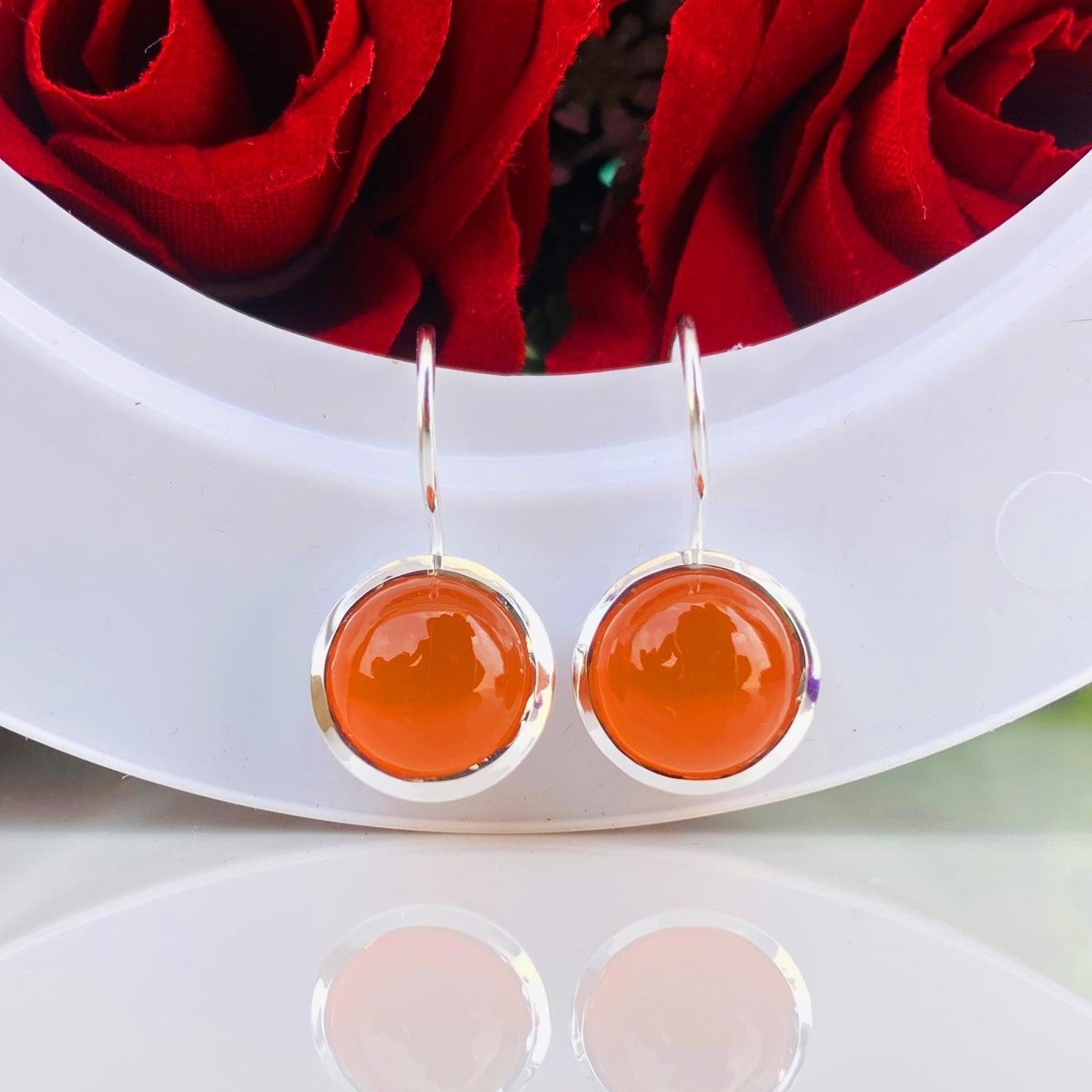 Natural Orange Carnelian Sterling Silver Dangle Earrings - BeadsBoatInc