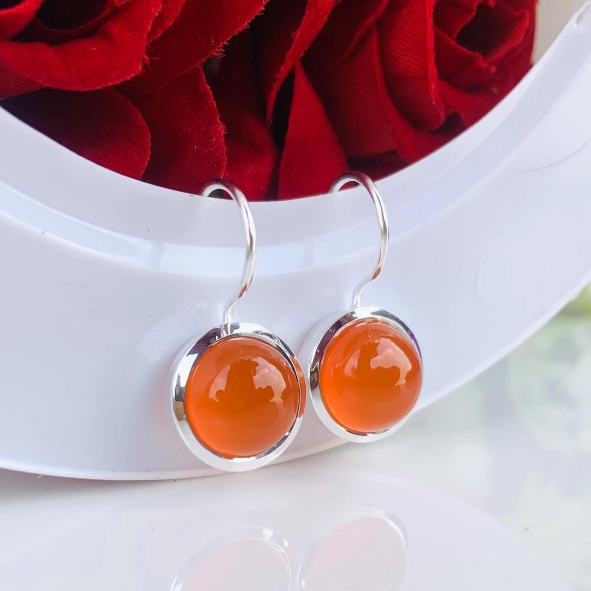 Natural Orange Carnelian Sterling Silver Dangle Earrings - BeadsBoatInc