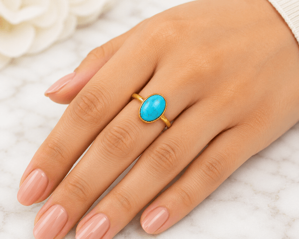 Natural Oval Turquoise Ring - Gold Plated 925 Silver - BeadsBoatInc