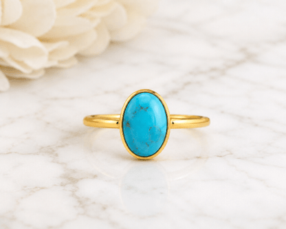 Natural Oval Turquoise Ring - Gold Plated 925 Silver - BeadsBoatInc