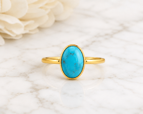 Natural Oval Turquoise Ring - Gold Plated 925 Silver - BeadsBoatInc