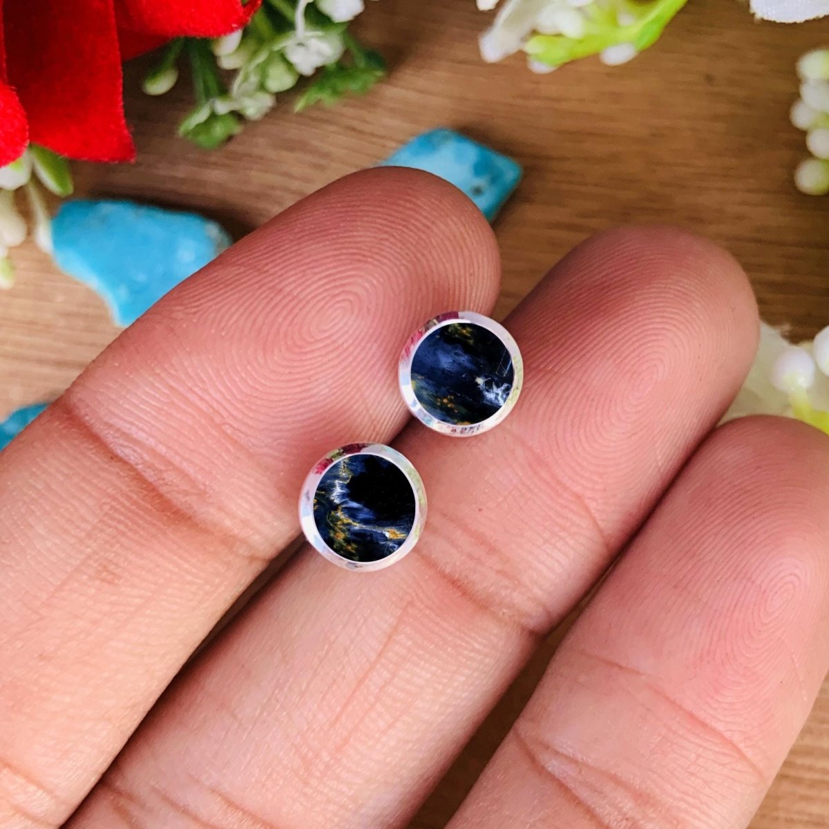 Natural Pietersite Stud Earrings, Sterling Silver, Dainty Gemstone, Gift for Her - BeadsBoatInc