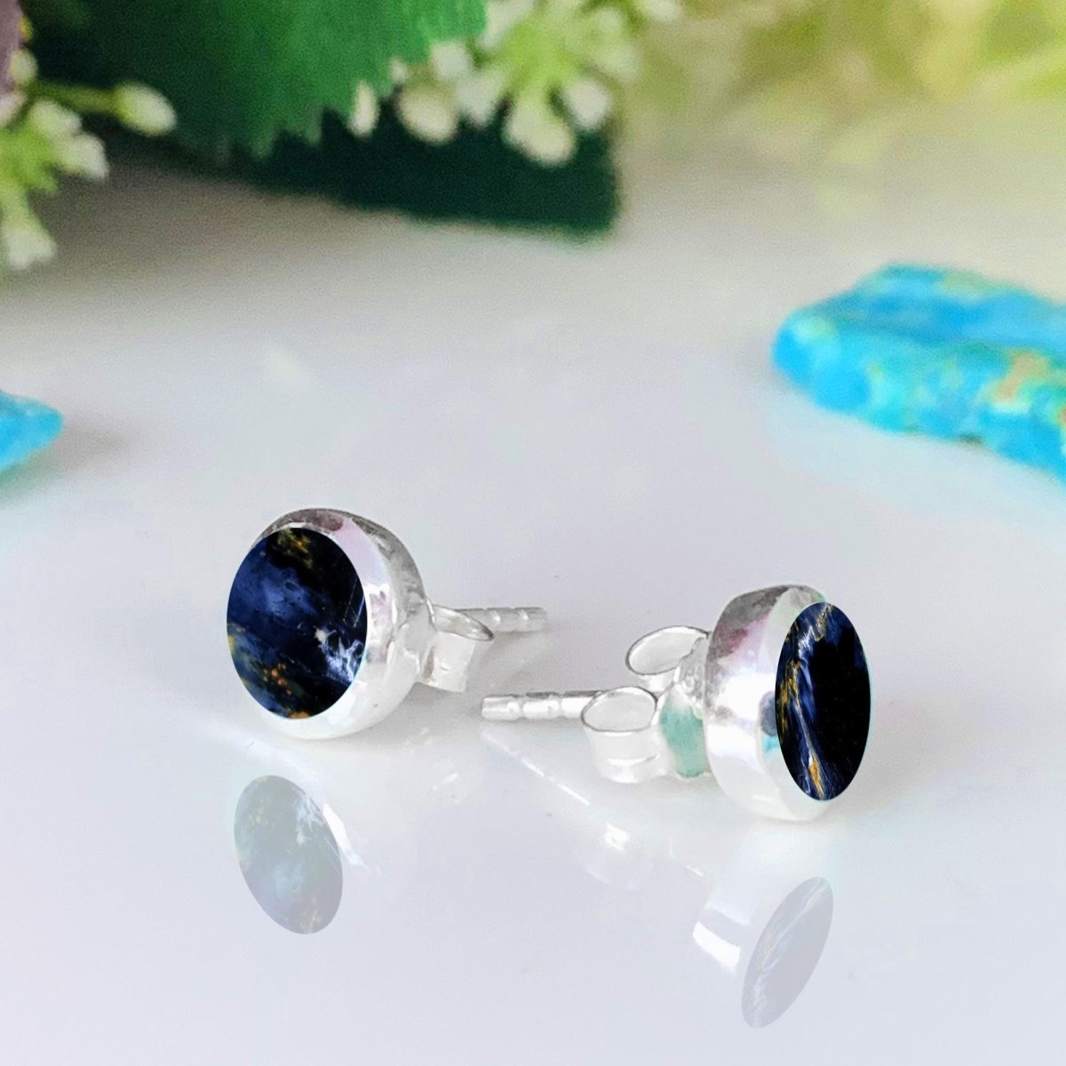 Natural Pietersite Stud Earrings, Sterling Silver, Dainty Gemstone, Gift for Her - BeadsBoatInc