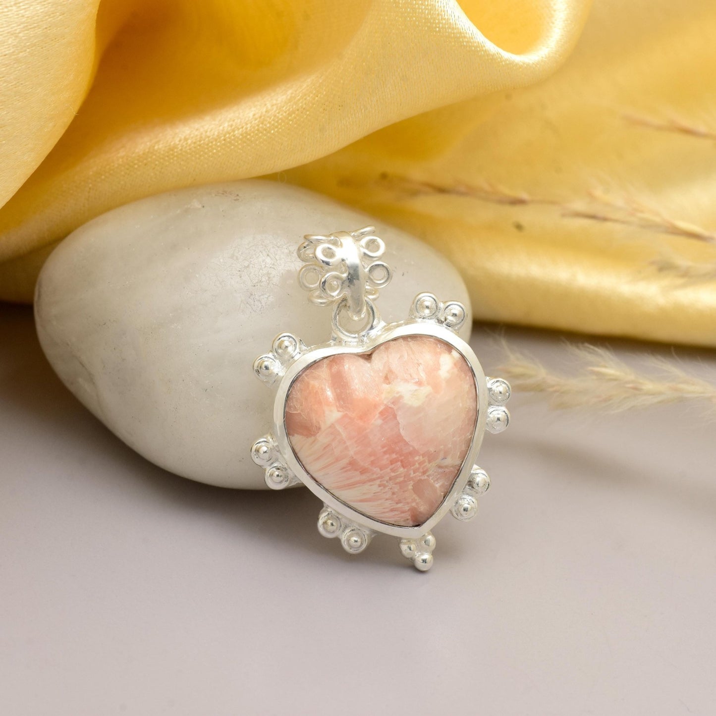 Natural Pink Opal Heart Pendant 925 Sterling Silver Necklace Gift for Her - BeadsBoatInc