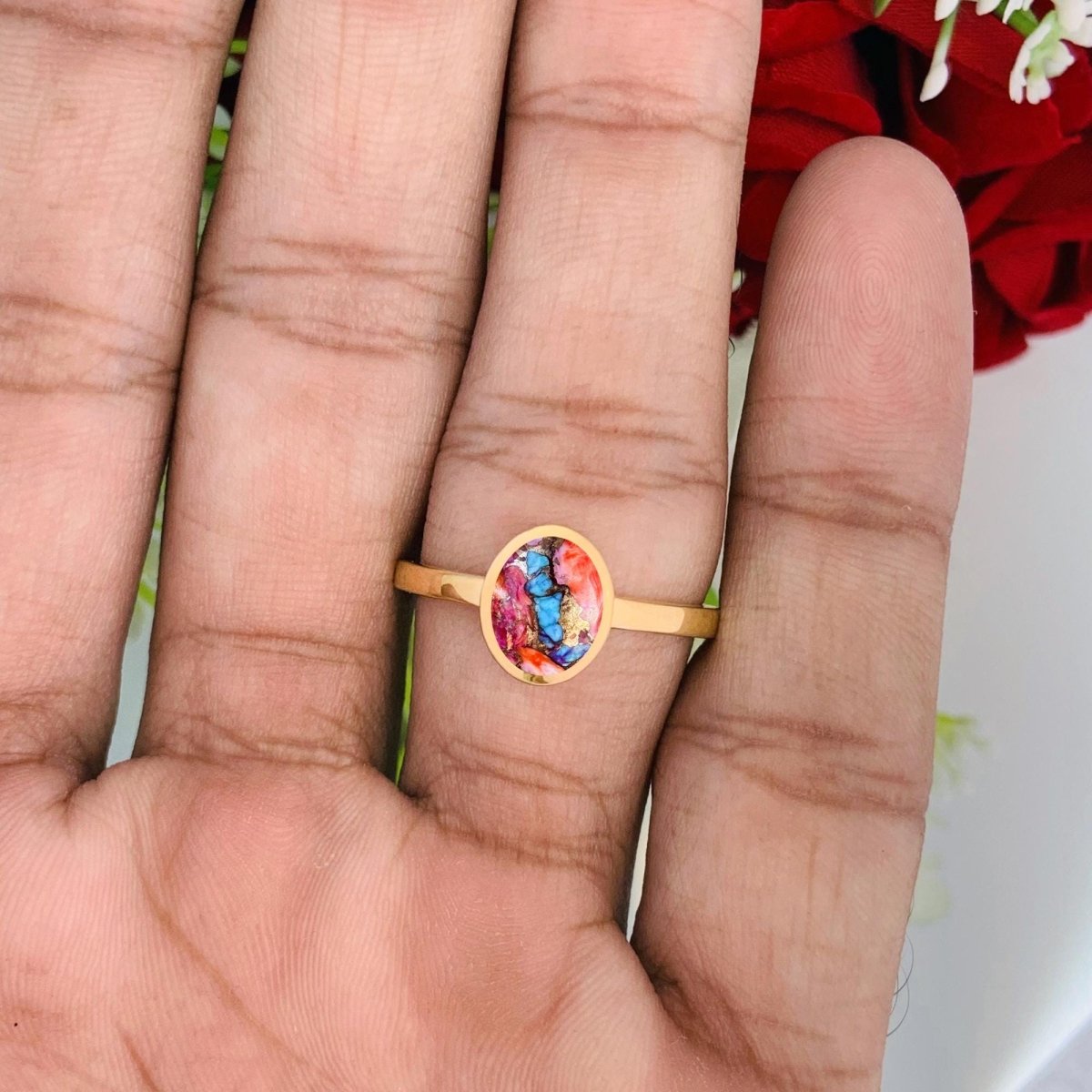 Natural Pink Turquoise Dainty Ring | Silver & Gold Vermeil - BeadsBoatInc