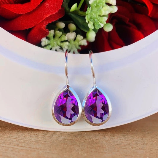 Natural Purple Pear Cut Amethyst Dangle Earrings in 925 Sterling Silver - Gift for Women - BeadsBoatInc