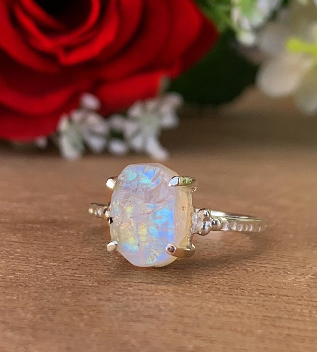 Natural Raw Rainbow Moonstone Ring | Rough Crystal | Sterling Silver Promise Ring - BeadsBoatInc