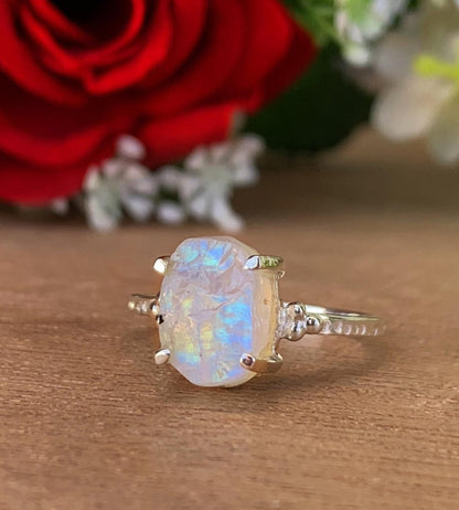 Natural Raw Rainbow Moonstone Ring | Rough Crystal | Sterling Silver Promise Ring - BeadsBoatInc