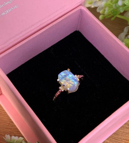 Natural Raw Rainbow Moonstone Ring | Rough Crystal | Sterling Silver Promise Ring - BeadsBoatInc