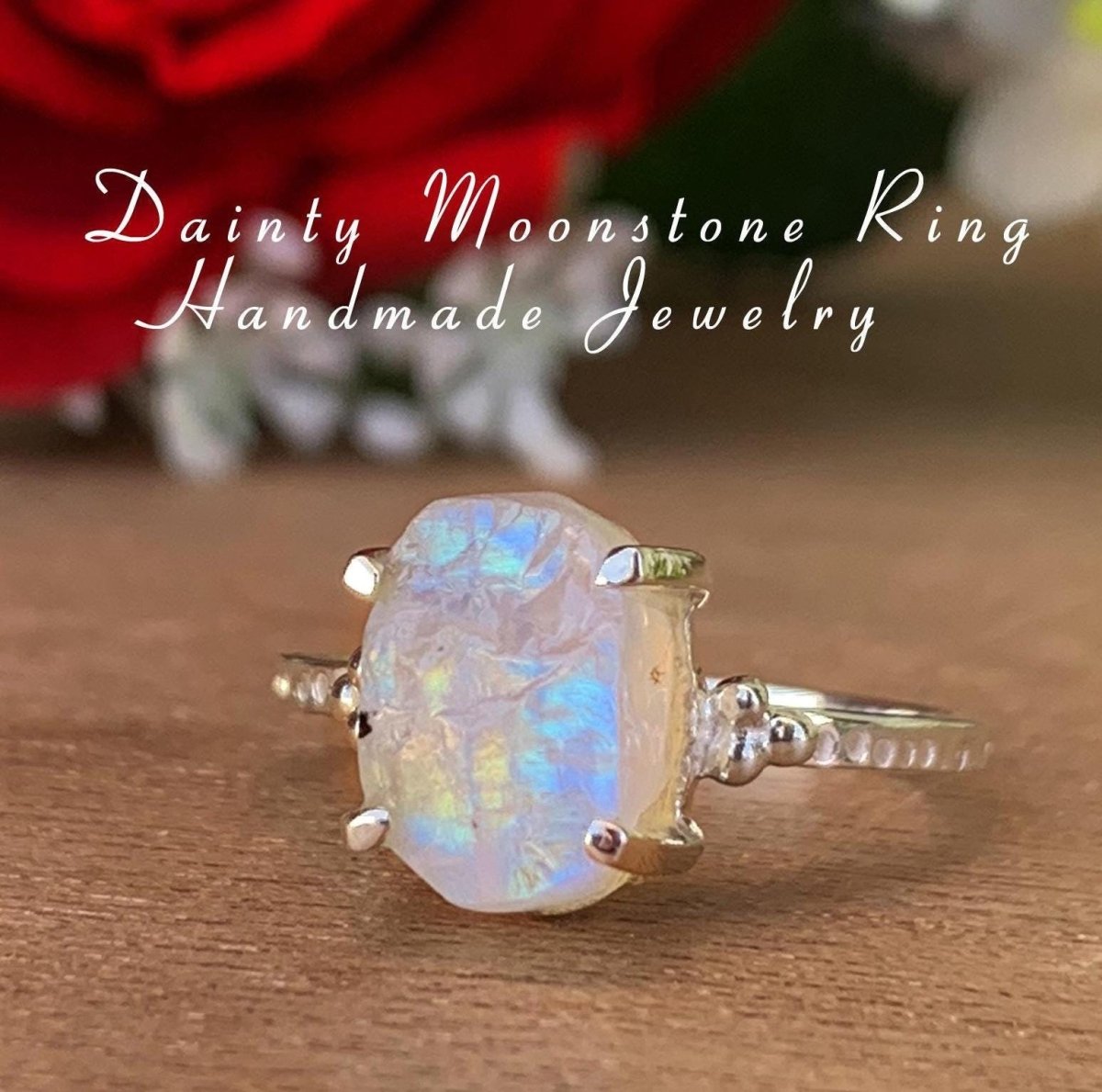 Natural Raw Rainbow Moonstone Ring | Rough Crystal | Sterling Silver Promise Ring - BeadsBoatInc