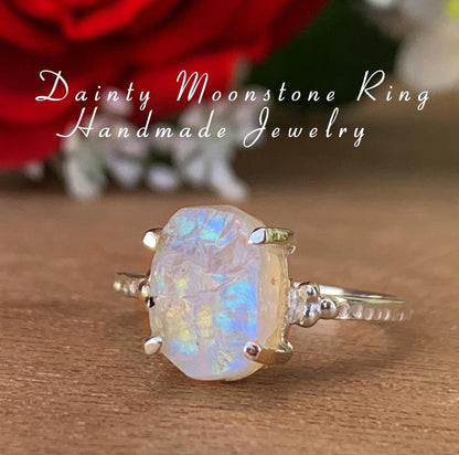 Natural Raw Rainbow Moonstone Ring | Rough Crystal | Sterling Silver Promise Ring - BeadsBoatInc