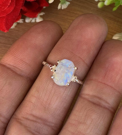 Natural Raw Rainbow Moonstone Ring | Rough Crystal | Sterling Silver Promise Ring - BeadsBoatInc