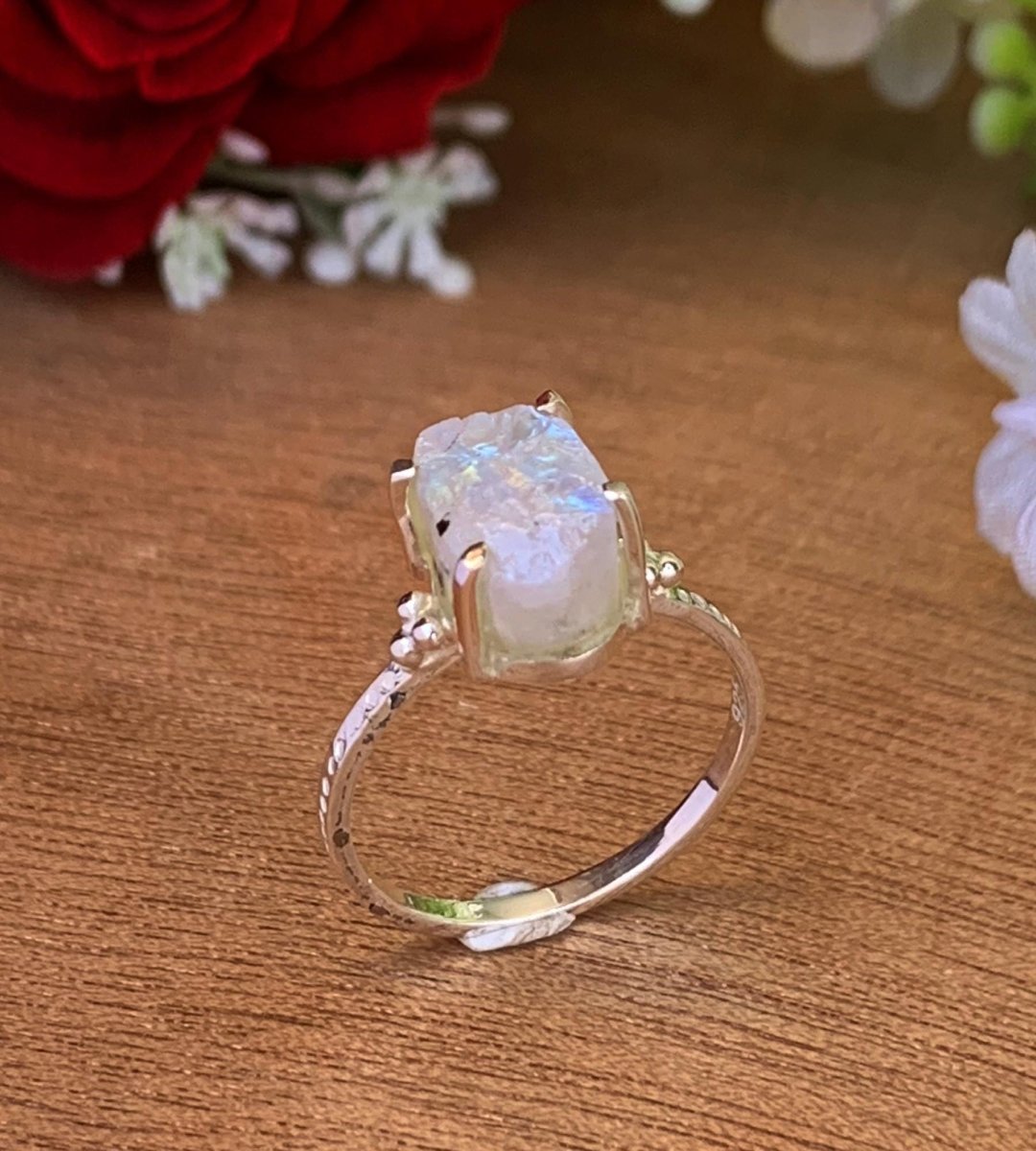 Natural Raw Rainbow Moonstone Ring | Rough Crystal | Sterling Silver Promise Ring - BeadsBoatInc