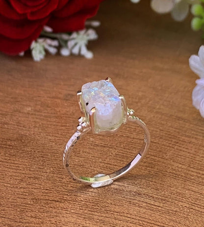 Natural Raw Rainbow Moonstone Ring | Rough Crystal | Sterling Silver Promise Ring - BeadsBoatInc