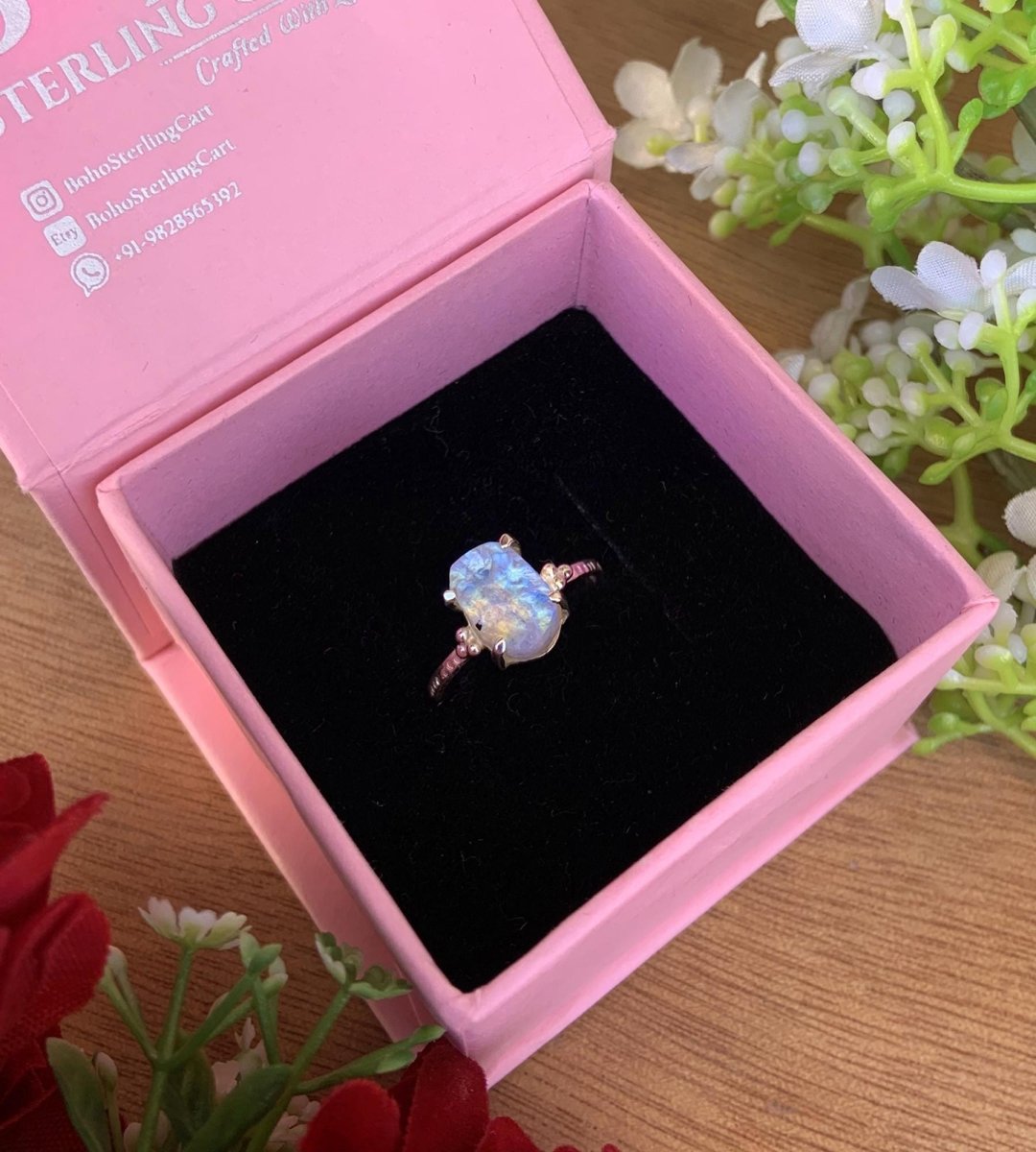 Natural Raw Rainbow Moonstone Ring | Rough Crystal | Sterling Silver Promise Ring - BeadsBoatInc