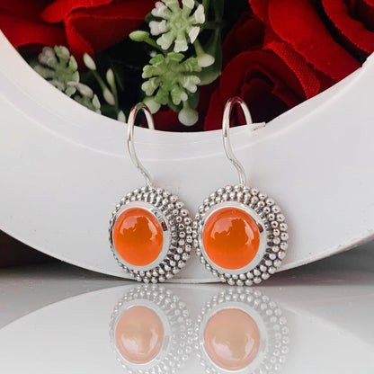 Natural Round Carnelian Earrings in 925 Silver Dainty Dangle Drop - BeadsBoatInc