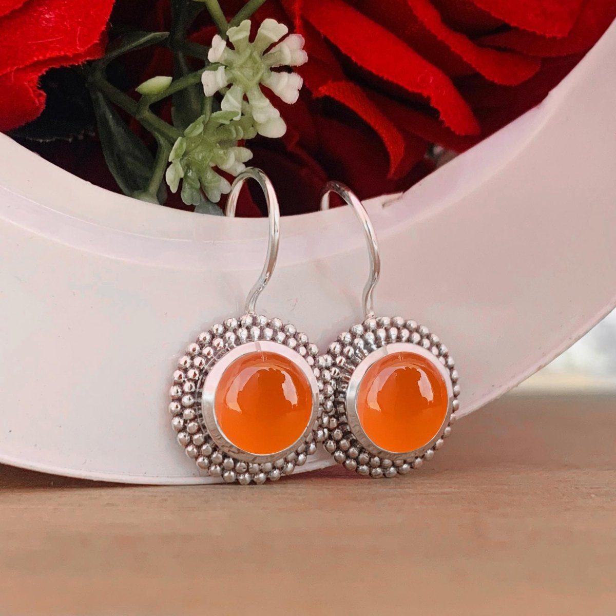 Natural Round Carnelian Earrings in 925 Silver Dainty Dangle Drop - BeadsBoatInc