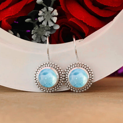 Natural Round Larimar Dangle Earrings - 925 Sterling Silver Handmade Jewelry Gift - BeadsBoatInc