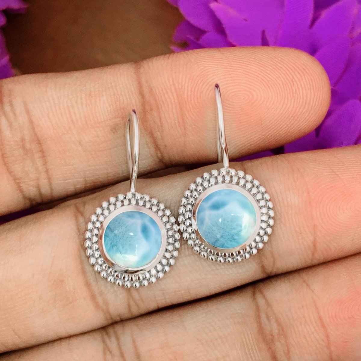 Natural Round Larimar Dangle Earrings - 925 Sterling Silver Handmade Jewelry Gift - BeadsBoatInc