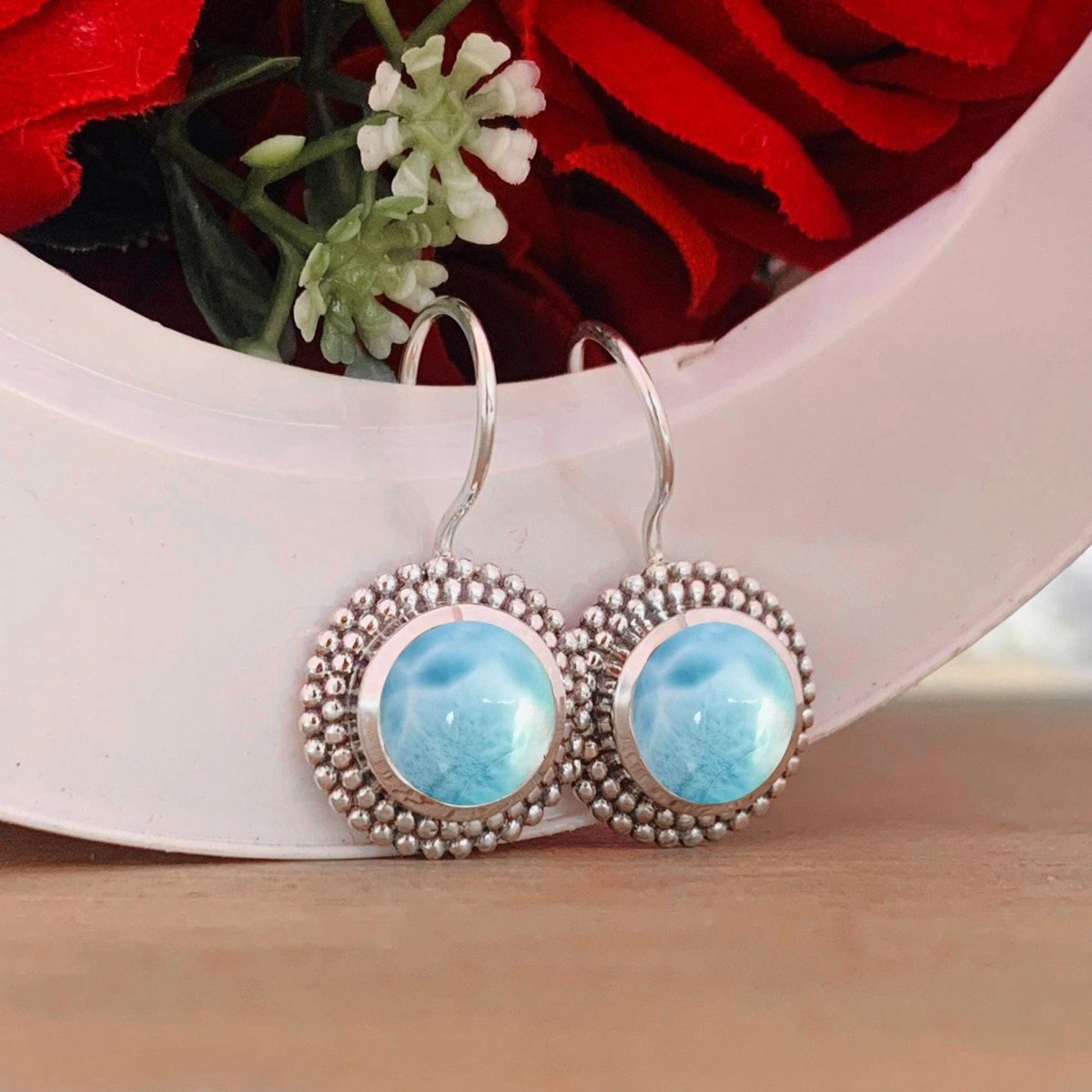 Natural Round Larimar Dangle Earrings - 925 Sterling Silver Handmade Jewelry Gift - BeadsBoatInc