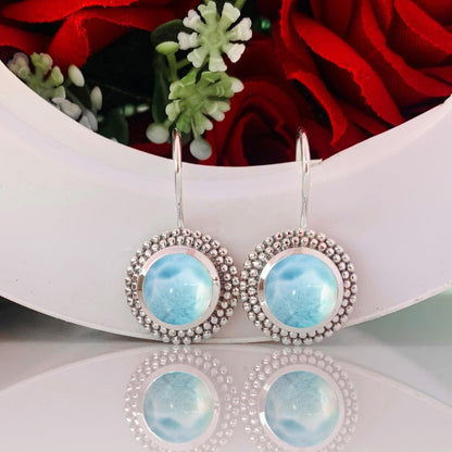 Natural Round Larimar Dangle Earrings - 925 Sterling Silver Handmade Jewelry Gift - BeadsBoatInc