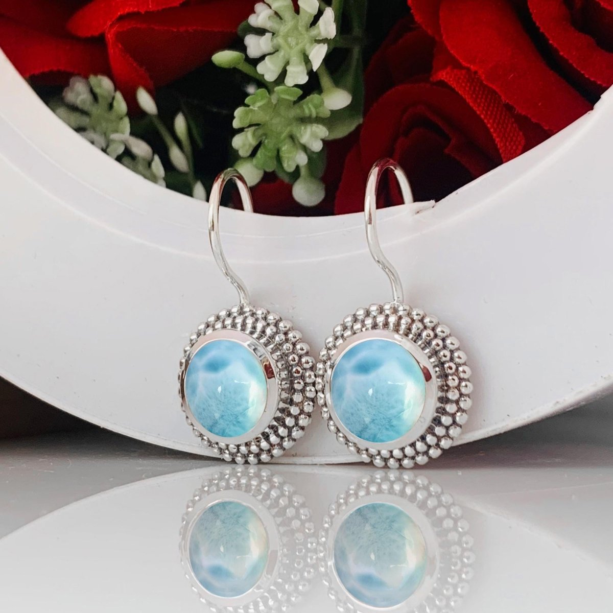 Natural Round Larimar Dangle Earrings - 925 Sterling Silver Handmade Jewelry Gift - BeadsBoatInc