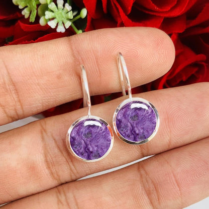 Natural Round Purple Charoite Dangle Earrings - 925 Sterling Silver Handmade Jewelry - BeadsBoatInc