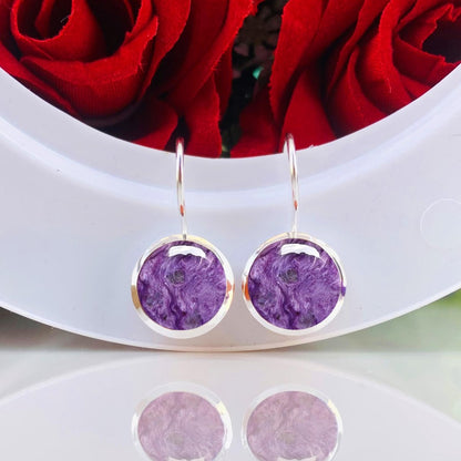 Natural Round Purple Charoite Dangle Earrings - 925 Sterling Silver Handmade Jewelry - BeadsBoatInc