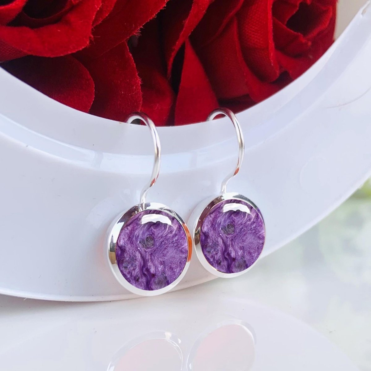 Natural Round Purple Charoite Dangle Earrings - 925 Sterling Silver Handmade Jewelry - BeadsBoatInc