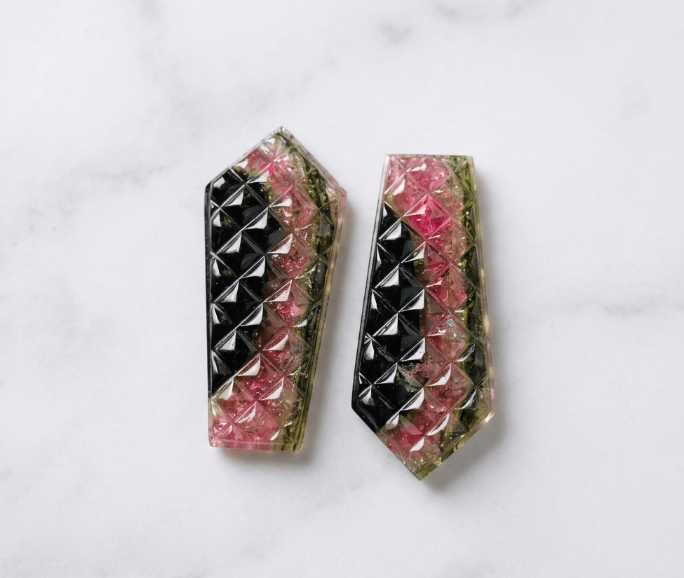 Natural Watermelon Tourmaline Carved Pair – Geometric Faceted Gemstone Cabochons - BeadsBoatInc