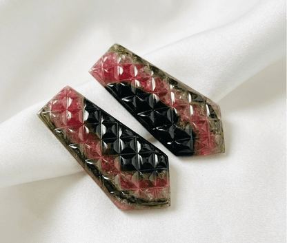 Natural Watermelon Tourmaline Carved Pair – Geometric Faceted Gemstone Cabochons - BeadsBoatInc