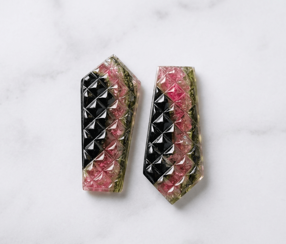 Natural Watermelon Tourmaline Carved Pair – Geometric Faceted Gemstone Cabochons - BeadsBoatInc