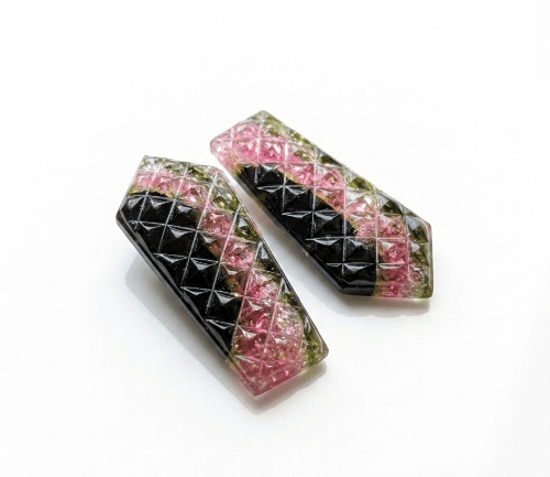Natural Watermelon Tourmaline Carved Pair – Geometric Faceted Gemstone Cabochons - BeadsBoatInc